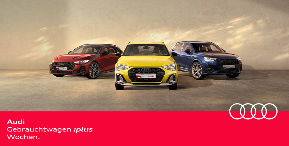 Drei Audi Gebrauchtwagen vor einer sonnigen Wand