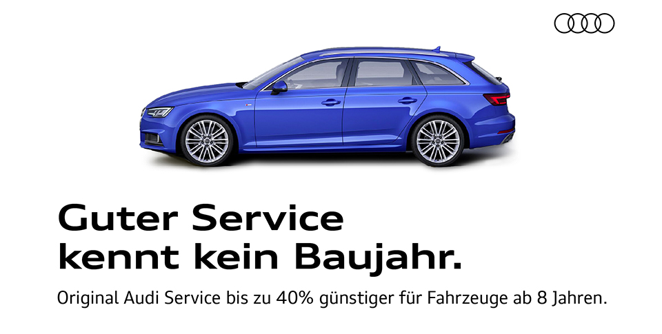 Ein Audi A6 in Blau von der Seitenperspektive mit der Aufschrift: Guter Service kennt kein Baujahr.